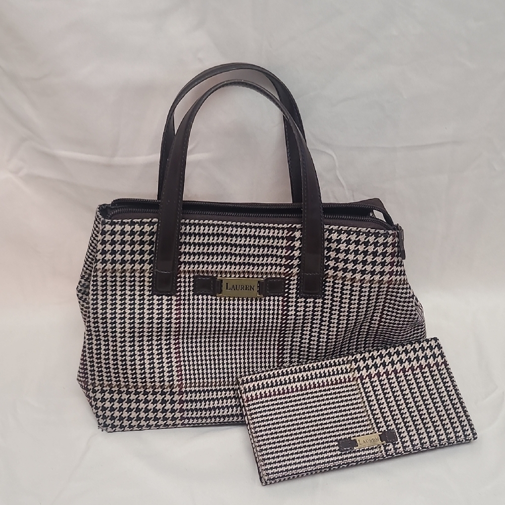 Lauren Ralph Lauren Houndstooth Satchel & Wallet Set Brown Vintage Chic